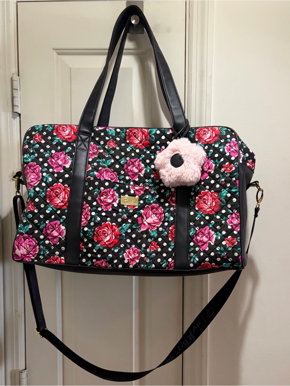 NWOT Luv by Betsey Johnson Black floral Quilted Weekender Bag with Pink Pom